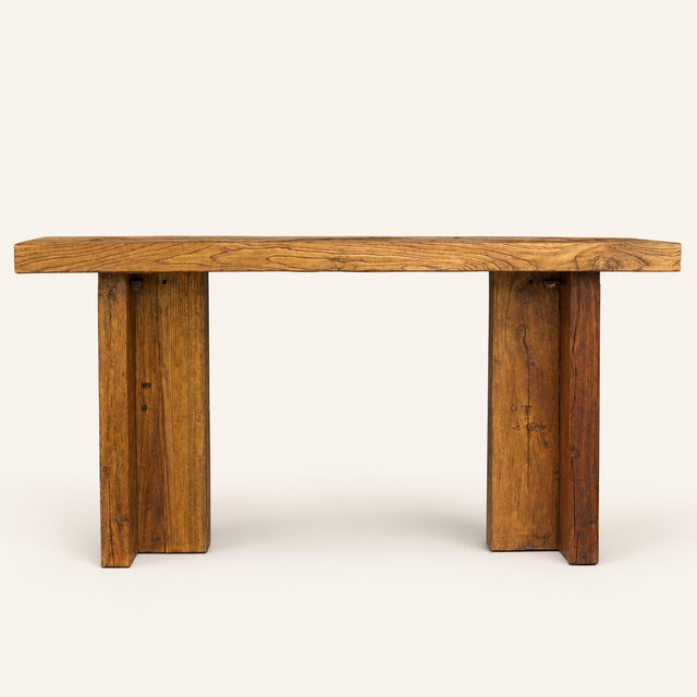 Traditional Belgian Style 1970s Reclaimed Wood Console Table With Brass Butterfly Key Inlays For Sale - Image 3 of 8