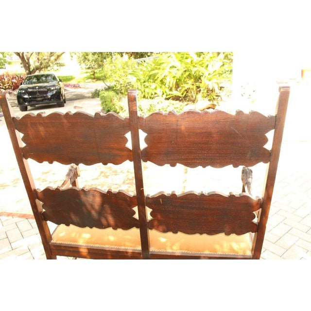Rustic European Antique Italian Carved Walnut Upholstered Bench, C. Late 1800s For Sale - Image 3 of 11