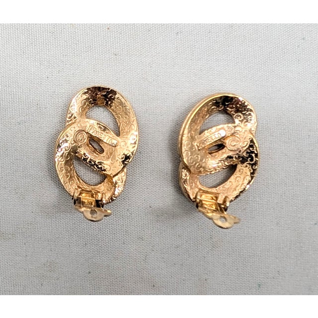Metal Vintage 1980s Signed Panetta Goldtone Clear Rhinestone Figure-8 Clip Earrings-2 Pieces For Sale - Image 7 of 7