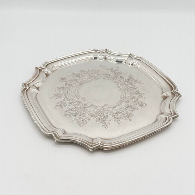 Metal Vintage Lunt Silverplate Engraved Floral Scalloped Serving Tray For Sale - Image 7 of 7