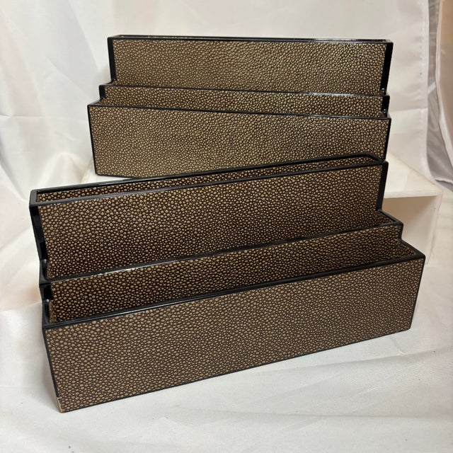 Brown Vintage Dransfield & Ross Mid-Century Modern Faux Shagreen Leather Letter Holder Set in Brown, Circa 2000’s For Sale - Image 8 of 10