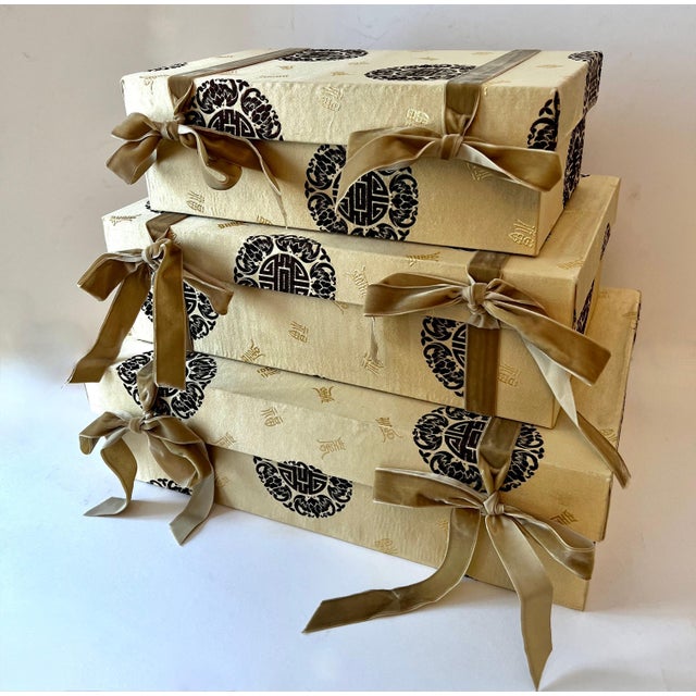 Mid 20th Century Mid 20th Century Three Silk Chinese Nesting Boxes with Velvet Ties & Symbols of Good Luck For Sale - Image 5 of 7