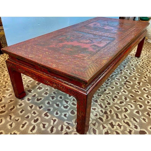 This is a rare and great example of Asian and French workmanship in the 1940s This French Chinoiserie Hand Carved Red...