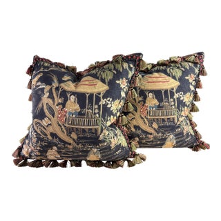 Handsome Thibaut Chinoiserie Cotton Print Pillows /Pair For Sale
