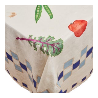 Still Life Fruit & Vegetables Blue Linen Tablecloth Long (120" x 80") For Sale