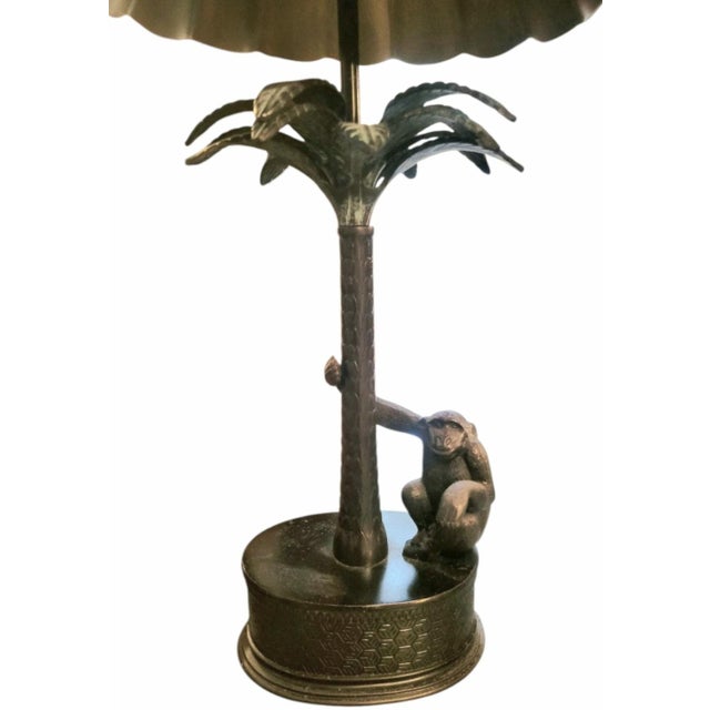Vintage Palm Beach Regency Cast Iron Palm Tree Monkey Table Lamp W/ Hard Pleated Bell Red Parasol Shade For Sale - Image 11 of 12