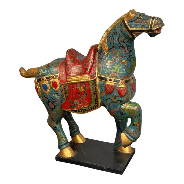 Chinese Republic Period-Style Cloisonné Painted Wooden Horse, Vintage For Sale