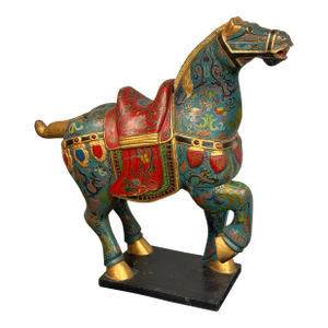 Chinese Republic Period-Style Cloisonné Painted Wooden Horse, Vintage