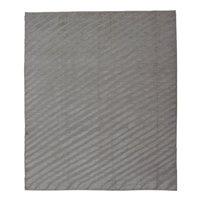 Modern Rug in Wool With Sub-Geometric Slanted Linear Design in Cream and Taupe 9'4 X 11'9 For Sale