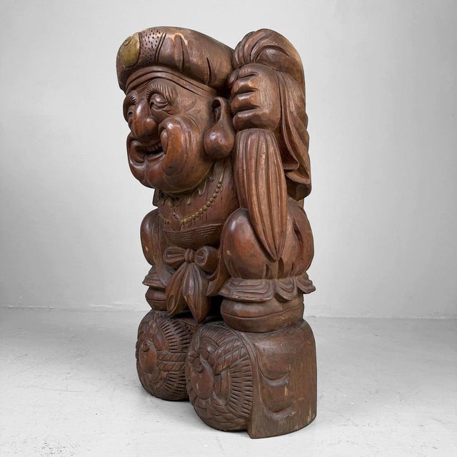 Contemporary Large Vintage Japanese Wooden Daikoku Statue, 1930s For Sale - Image 3 of 12
