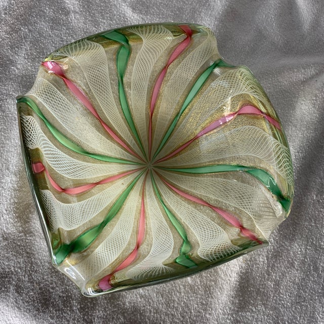 1960s Vintage Avem Italian Murano Art Glass Gold Flecks Bowl W/ White Latticino, Pink/Green Ribbons For Sale In Chicago - Image 6 of 8