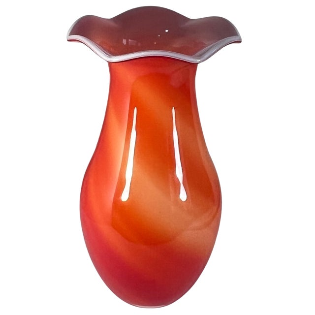 Mid-Century Modern 13 3/4 In. Tall Vintage Bulbous Scalloped Rim Cased White Orange Art Glass Vase For Sale - Image 3 of 15