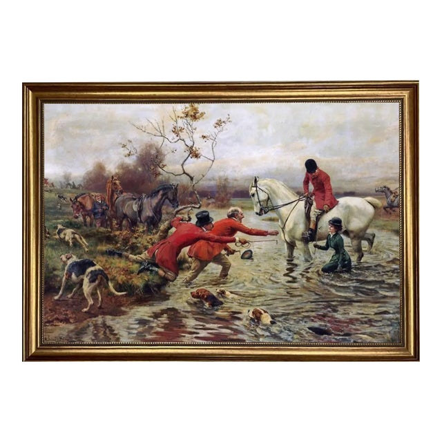 "In the Creek" Framed Equestrian Print on Canvas in Antiqued Gold Frame For Sale