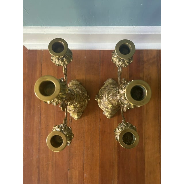 Antique French Rococo Style Solid Brass 3-Light Candelabras - A Pair For Sale - Image 10 of 14