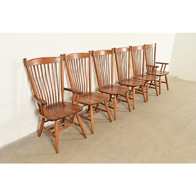 Stickley Style American Colonial Solid Oak Spindle Back Windsor Armchairs, Pair For Sale - Image 14 of 15