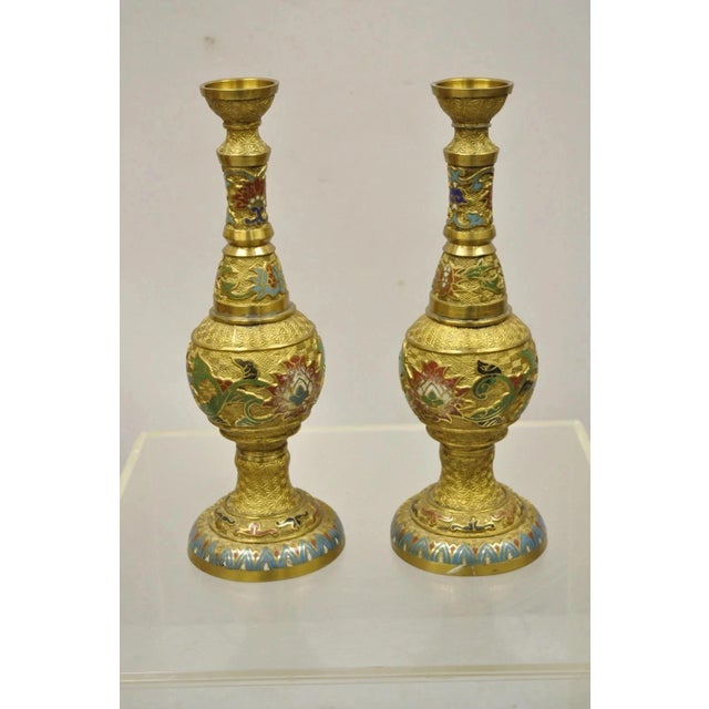 Vintage Japanese Cloisonne Enamel 13" Brass Bronze Candlestick Lamp Base - Pair For Sale - Image 11 of 11