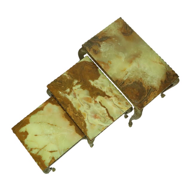 Mid-century set of 3 nesting tables with onyx marble tops and copper-plated metal frames, 1950s, France. A beautiful set...