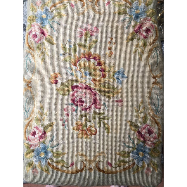Antique French Louis XV Vanity Bench Ottoman With Floral Needlepoint For Sale - Image 10 of 13