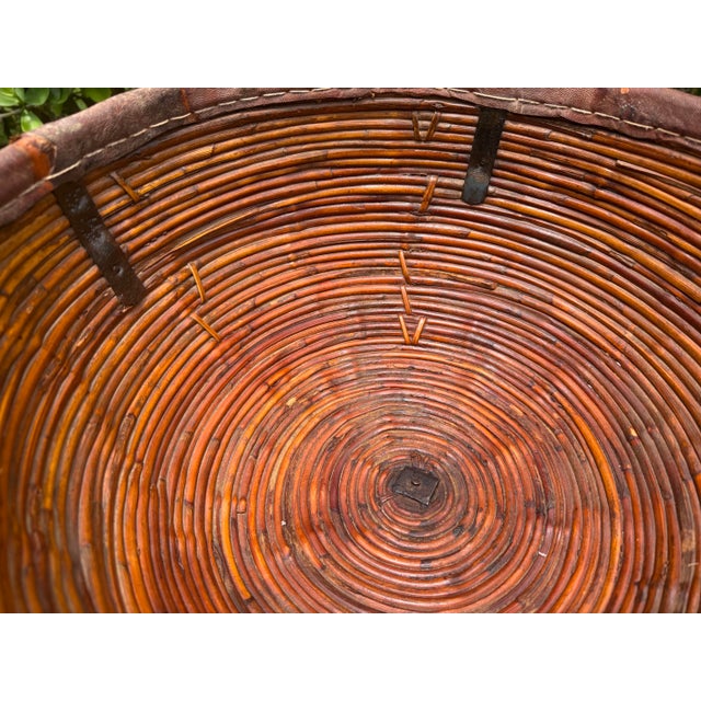 Late 20th Century Vintage 17.5” Handmade Primitive Pencil Rattan Basket With Leather Rim For Sale - Image 5 of 12