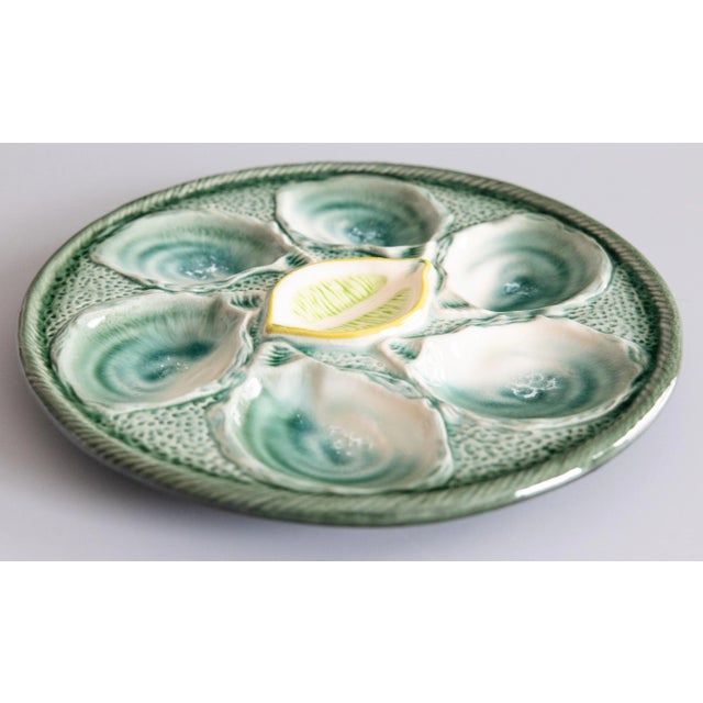 French Antique French Saint Clément Majolica Blue Green & Yellow Lemon Wedge Oyster Plate For Sale - Image 3 of 8