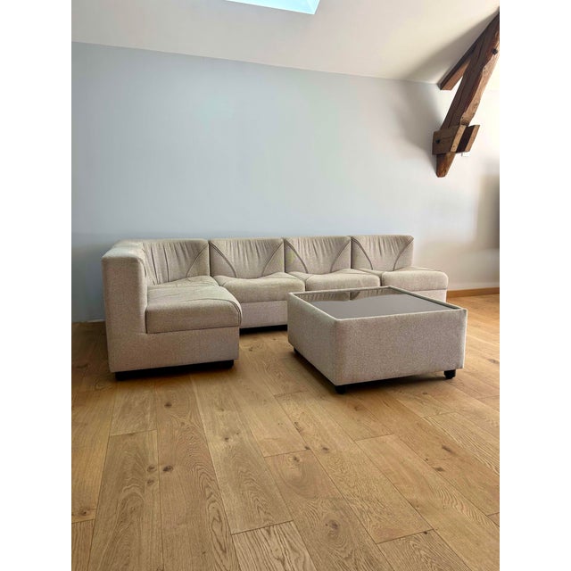 Vintage Modular Armchairs and Coffee Table in Beige and Brown Wool, Germany, 1970s, Set of 6 For Sale - Image 13 of 18