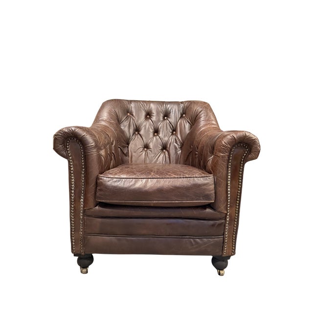 Brown Restoration Hardware Distressed Leather Club Chairs, Pair – Tufted English Library Lounge Chairs With Rolled Arms & Brass Casters For Sale - Image 8 of 18