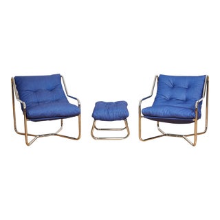 Vintage 1970s Chrome and Denim Pair of Sling Chairs and Ottoman For Sale