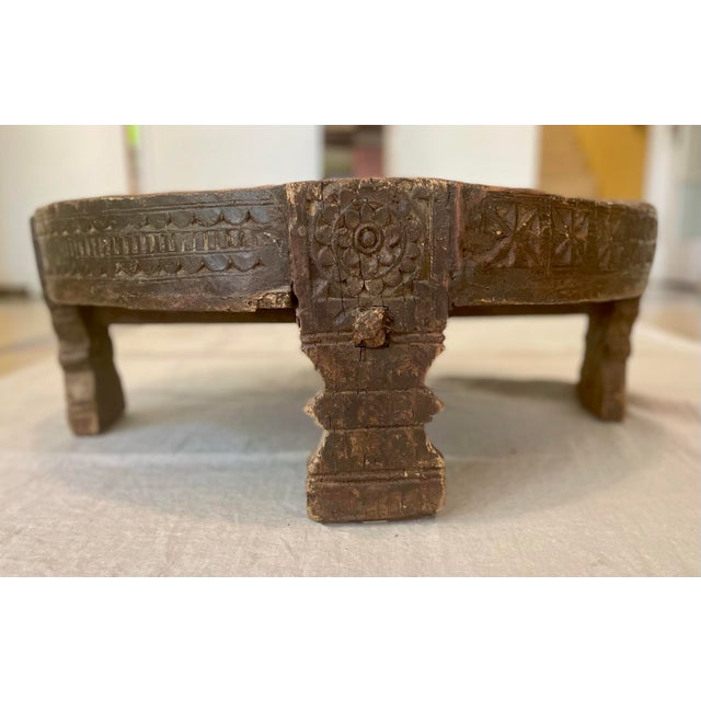Large Antique Grinder Tribal Teak Hand Carved Wood Chakki Table or Ottoman For Sale - Image 10 of 12