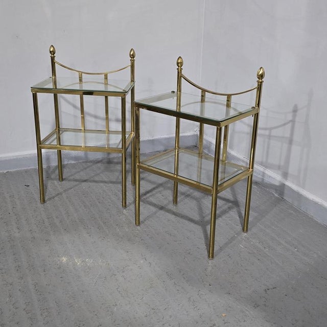 Very nice pair of French brass and glass end lamp tables, or bedside tables, two tier, in very good overall condition. 28"...