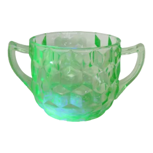 Jeanette Vaseline Uranium Green Glass Sugar Bowl Cubist Pattern