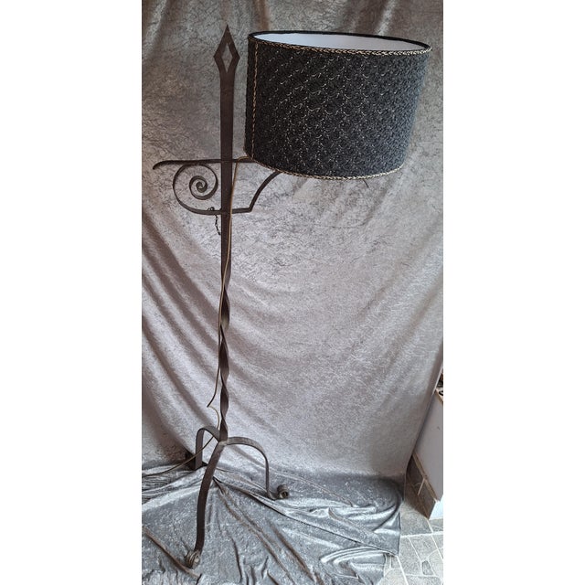 Mid-Century Rustic German Adjustable Floor Lamp with Wrought Iron Frame and Fabric Shade, 1950s For Sale - Image 6 of 10