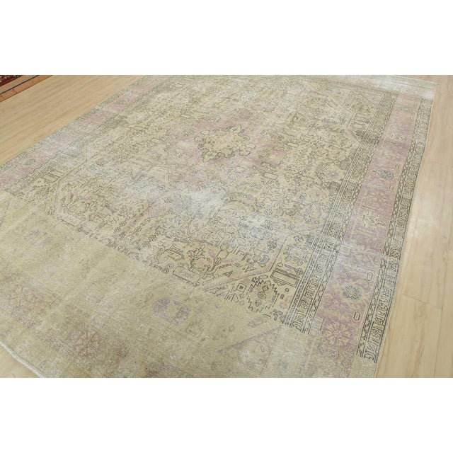 Farmhouse Tabriz Rug 9’3” X 12’4” Beige Wool Vintage Distressed Hand-Knotted Carpet For Sale - Image 3 of 15