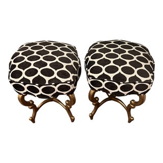 Hickory Chair Furniture Company Black, White and Gold Custom Ottomans - Set of 2 For Sale