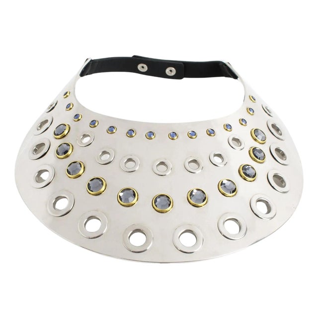 Sonia Rykiel Silvered Metal Bib Necklace with Blue Glass Cabochons For Sale