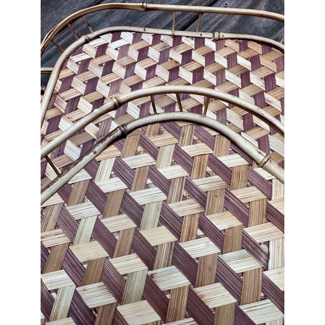 Set of 3 matching wicker and bamboo vintage serving trays. Excellent handiwork using three shades light, medium and dark...