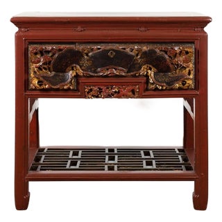 Chinese Red Lacquered Console Table with Hand Carved Drawers & Geometric Shelf For Sale