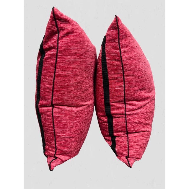 Raspberry Pink Fuchsia and Black Tape, Cord Custom Pillow Pair For Sale - Image 8 of 9