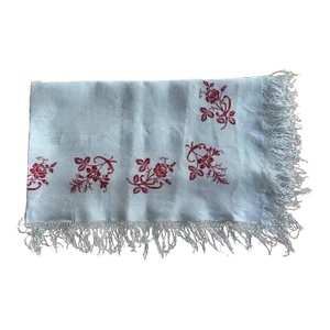 Vintage Red and White Linen Tablecloth Embroidered in Cross Stitch
