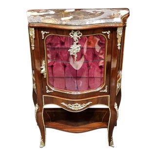 French Louis XV Display Cabinet – Marble Top Vitrine With Gold Leaf Details & Burgundy Velvet Interior For Sale