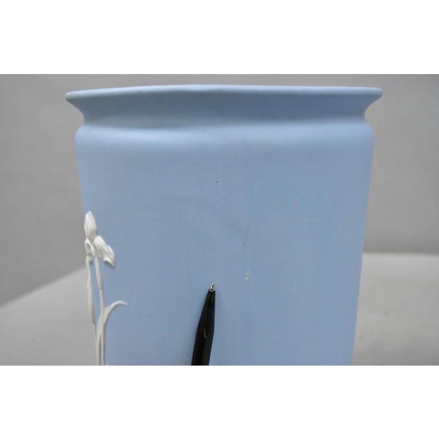 Blue Vintage Flambro Cameo Iris Blue Jasperware Wedgwood Style Floral Cachepot Vase For Sale - Image 8 of 11
