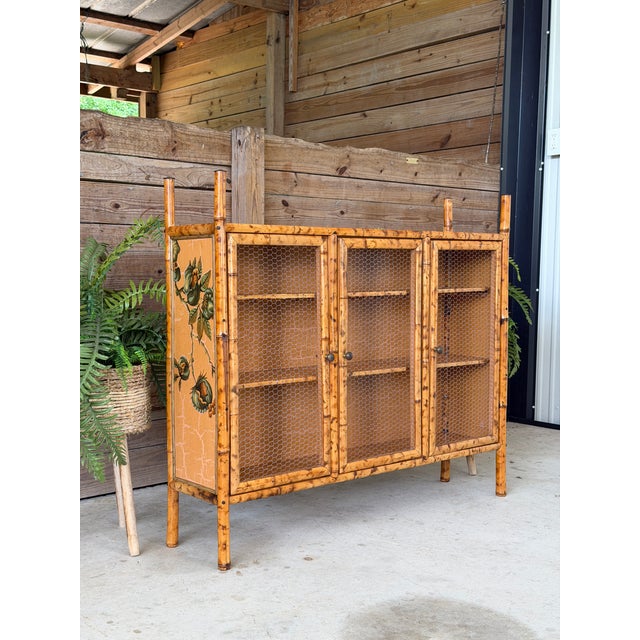 Vintage Tortoise Bamboo Chicken Wire Sideboard Cabinet With Decoupaged Appliqué Panels For Sale - Image 12 of 12