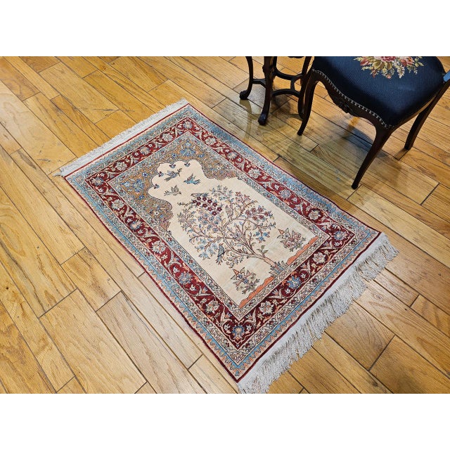 Vintage Turkish Silk Kayseri Rug, Handwoven Tree of Life Design, Ivory & Red, 3' x 5' For Sale - Image 10 of 10