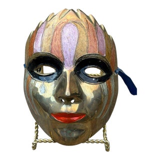 Vintage Solid Brass Masquerade Face Mask Hand Painted India Wall Decor 6" For Sale