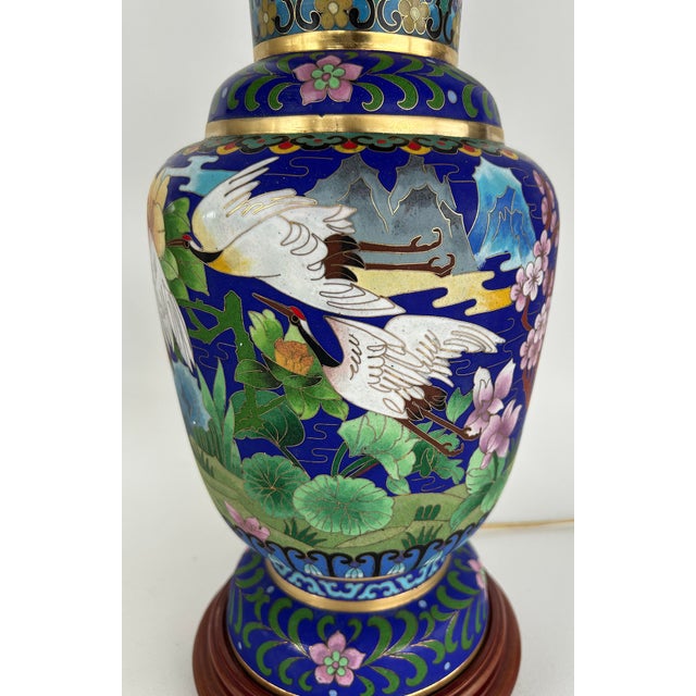 Late 20th Century Chinese Cloisonné Table Lamps Birds Flowers, New String Shades, Pair For Sale - Image 13 of 15