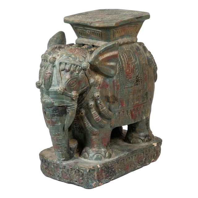 Majestic Vintage Distressed Ceramic Elephant Garden Seat For Sale