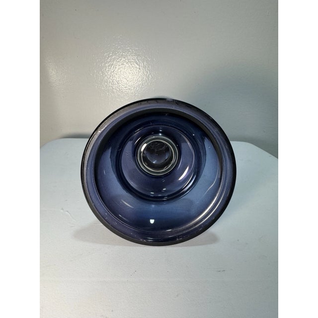 Blue Vintage Blue Glass Pedestal Candle Holder | MCM Art Glass Compote Decor For Sale - Image 8 of 13