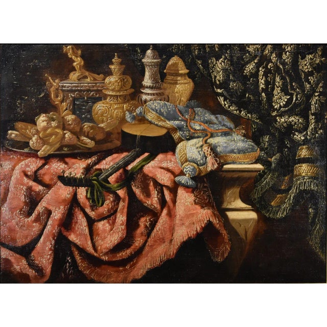 Antonio tibaldi (rome, c. 1633 - c. 1684) still life with precious objects, brocade fabrics, and a plate with sweets c....