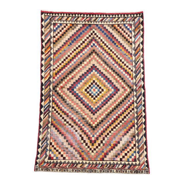 Vintage Checkered Diamond Persian Lori Rug - 05'01 X 07'03 For Sale