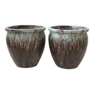 Large Green Brown Hand Glazed Ceramic Planter- a Pair For Sale