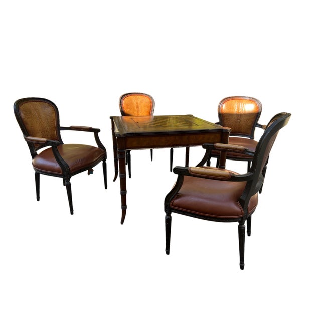 This listing is for a five piece set. Ethan Allen leather top, game table with an inlaid design on the lift-off top....
